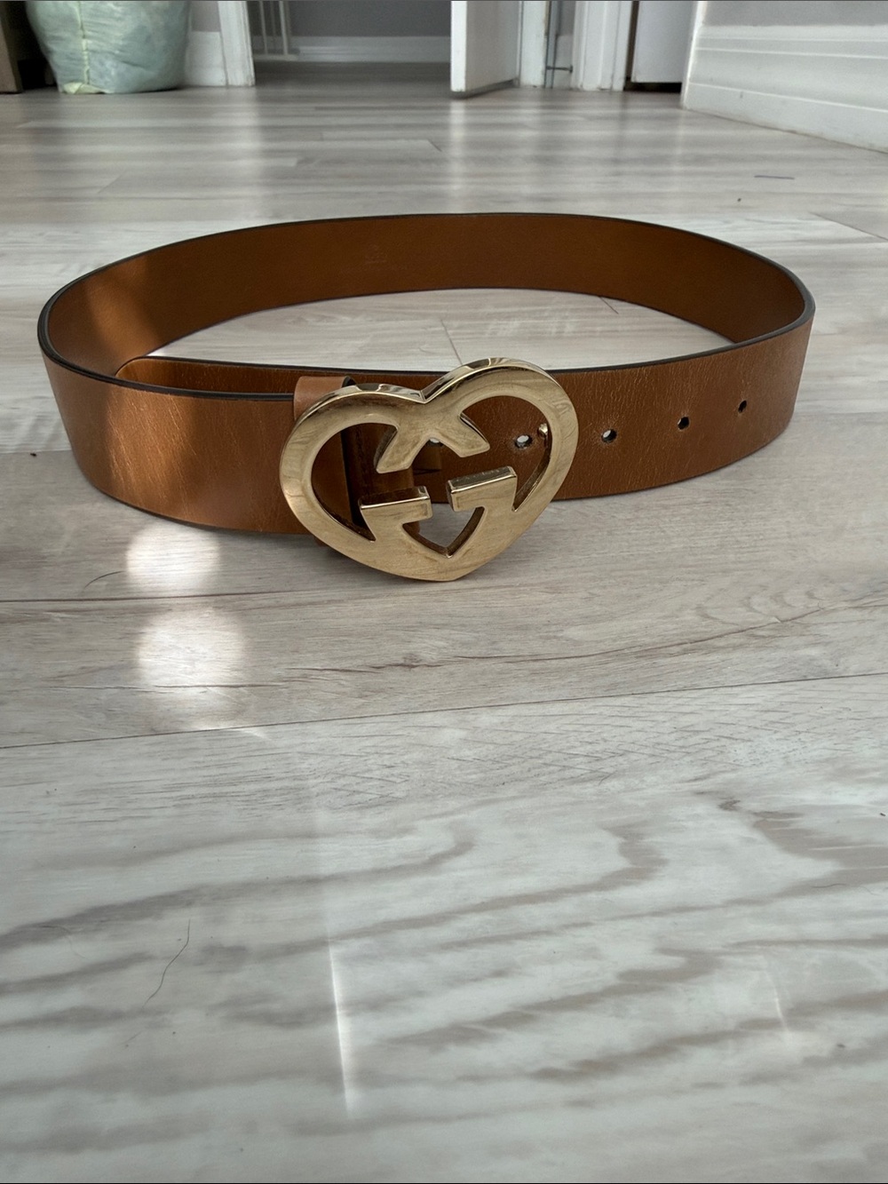 Gucci Brown Leather Belt with Gold Heart Interlocking G Buckle